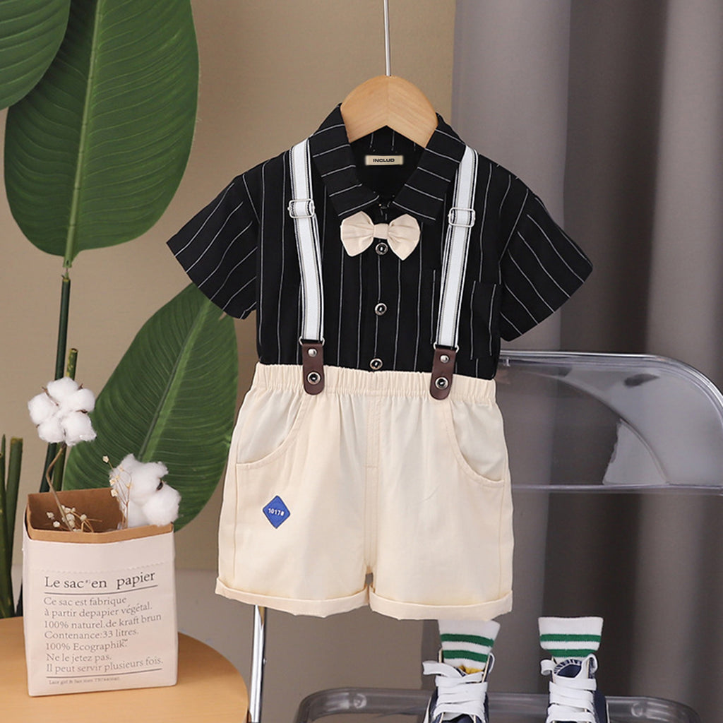 Boys Striped Shirt With Suspenders Shorts