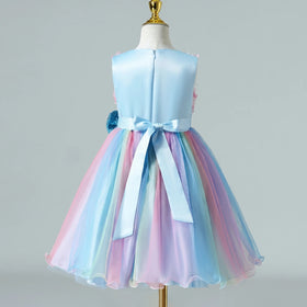 Girls Blue Floral Applique Fit & Flare Party Wear Dress With Sequin Bow Party Dresses