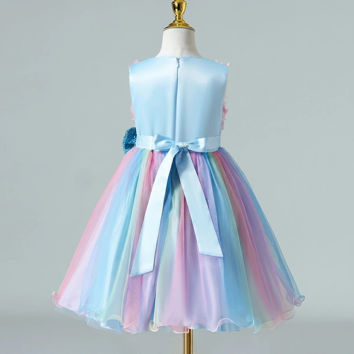 Girls Blue Floral Applique Fit & Flare Party Wear Dress With Sequin Bow Party Dresses