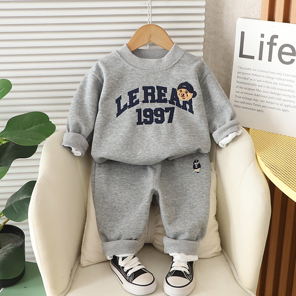 Boys Grey Typographic Embroidered Sweatshirt With Pants Set 2 pc. Sets Grey 1-2 Y