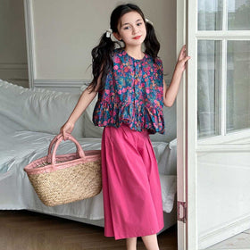 Girls Sleeveless Floral Print Top With Pants Set Sets Blue 6-7 Y 