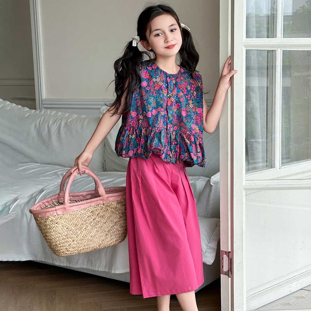 Girls Sleeveless Floral Print Top With Pants Set Sets Blue 6-7 Y 