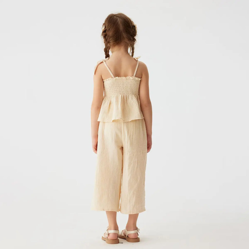 Girls Beige Sleeveless Smocked Peplum Top With Cropped Pants Co-ord Sets Sets