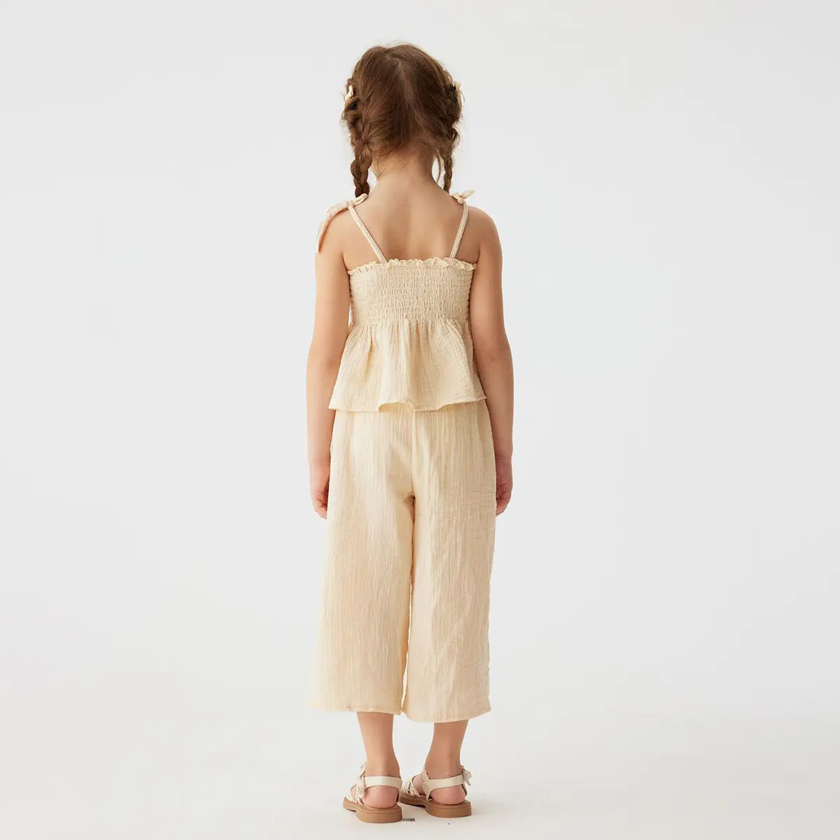 Girls Beige Sleeveless Smocked Peplum Top With Cropped Pants Co-ord Sets Sets