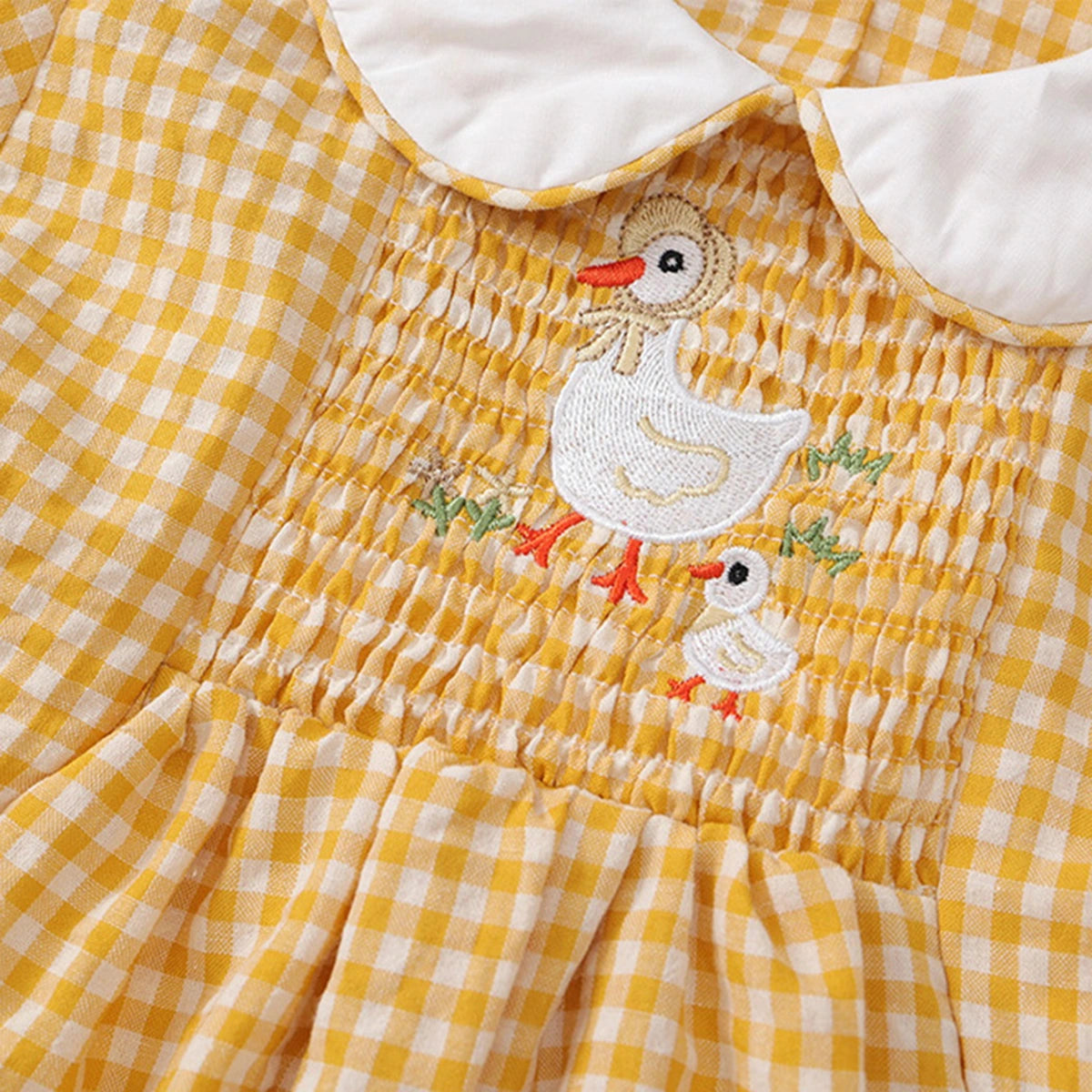 Girls Yellow Gingham Checked Smocked Dress with Duck Embroidery Casual Dresses
