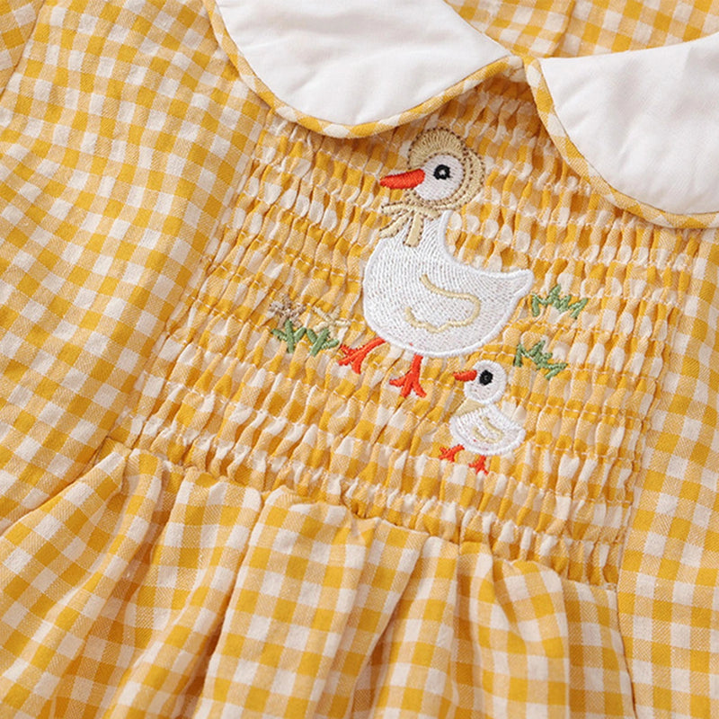 Girls Yellow Gingham Checked Smocked Dress with Duck Embroidery Casual Dresses