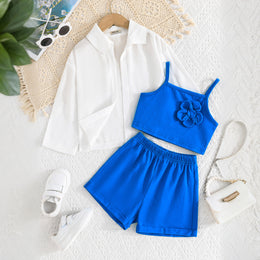 Girls Long Sleeves Shirt With Blue Camisole Top And Shorts Set 3 pc. Sets Blue 2-3 Y
