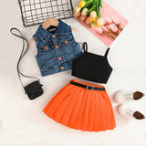 Girls Sleeveless Denim Jacket With Orange Pleated Skirt And Camisole Top Set