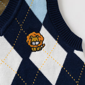 Boys Multicolor Sweater Vest With Self-Design Diamond Patterns Sweaters & Cardigans