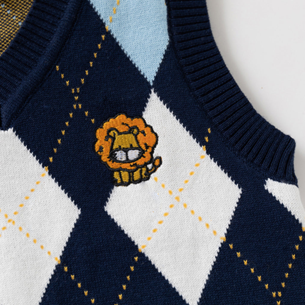Boys Multicolor Sweater Vest With Self-Design Diamond Patterns Sweaters & Cardigans
