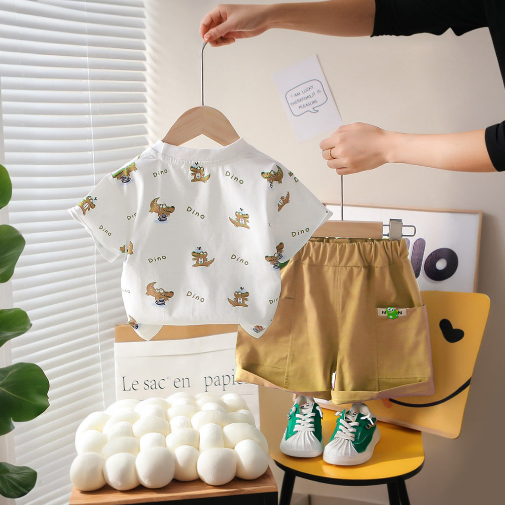 Boys Dino Printed Short Sleeves T-Shirt With Khaki Shorts Set 2 pc. Sets
