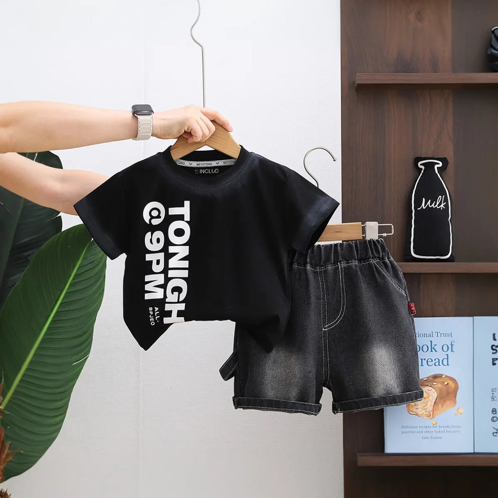 Boys Black Typographic Print T-Shirt With Denim Shorts Set Sets Black 1-2 Y