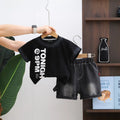 Boys Black Typographic Print T-Shirt With Denim Shorts Set Sets Black 1-2 Y