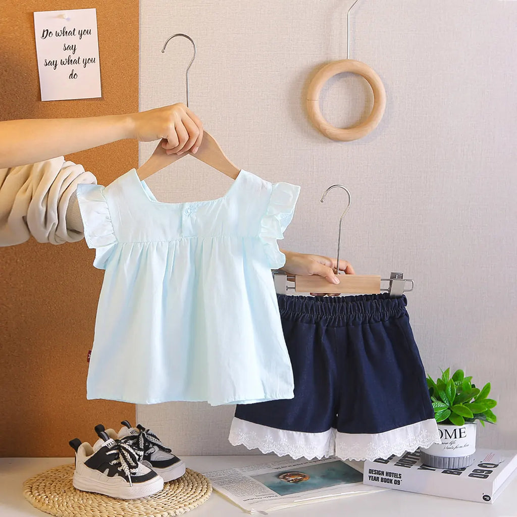 Girls Light Blue Bunny & Heart Printed Top With Shorts Sets Sets