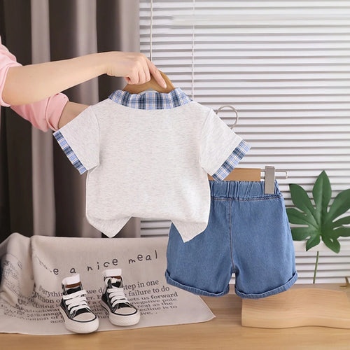 Boys Grey Smiley Graphic Short Sleeve Polo With Denim Shorts Sets 2 pc. Sets