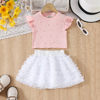Girls Pink Pearl Embellished Top With Ruffled Tulle Skirts Set Sets Pink 3-4 Y