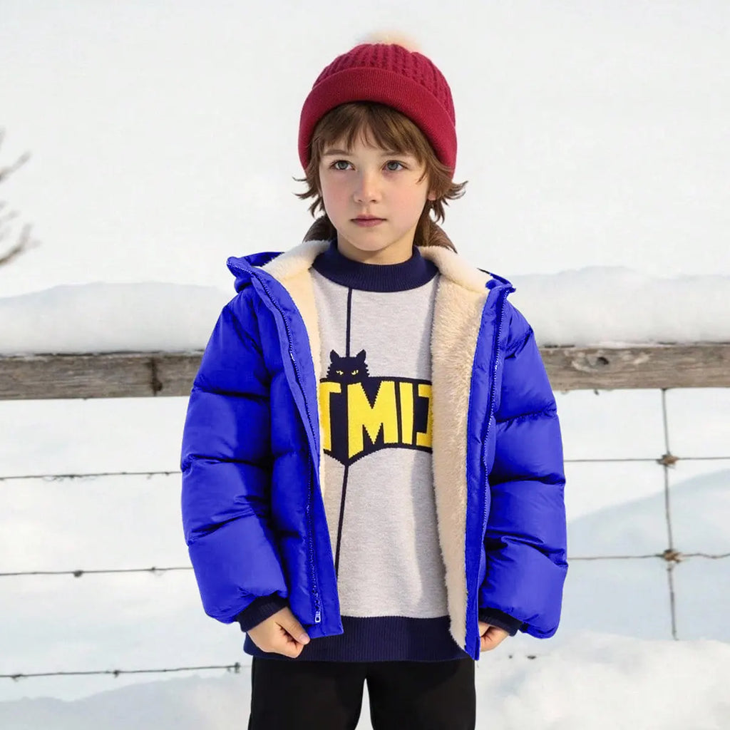Boys Royal Blue Hooded Puffer Jacket With Sherpa Fleece Lining Coats & Jackets