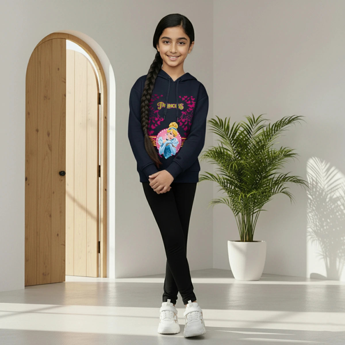 Girls Navy Blue Princess Graphics Hooded Sweatshirt Sweatshirts & Hoodies Navy Blue 6-7 Y