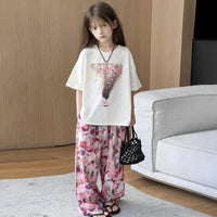 Girls Off White Graphics Oversized T-Shirt With Printed Wide Leg Pant Sets Sets