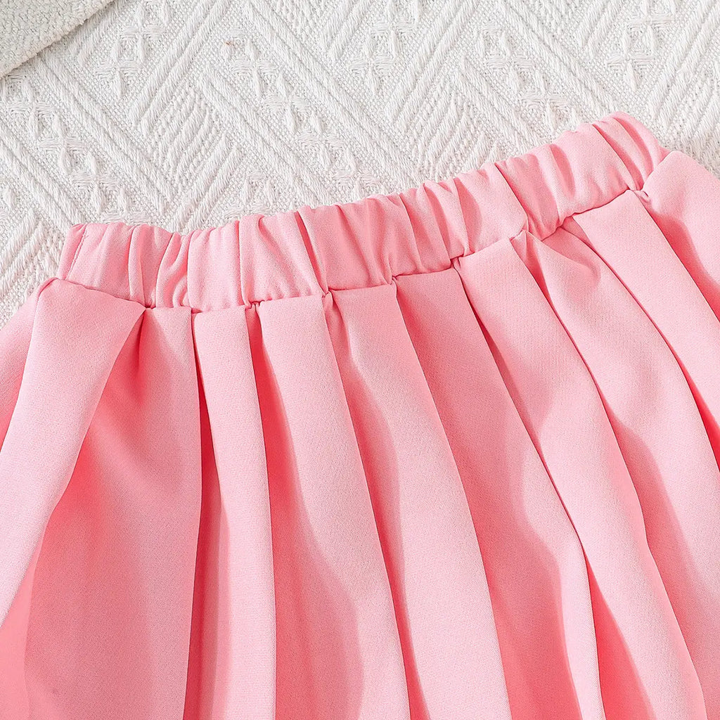Girls Pink Embellished Ruffled Blazer Vest With Pleated Skirt & Camisole Top Sets Sets