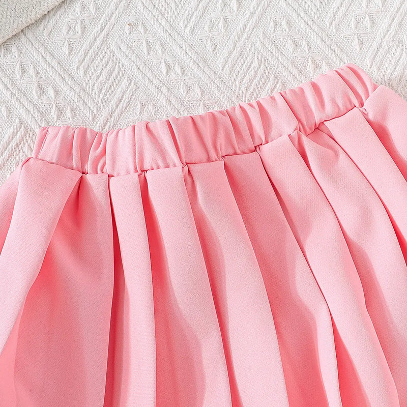 Girls Pink Embellished Ruffled Blazer Vest With Pleated Skirt & Camisole Top Sets Sets