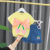 Girls Yellow Cherry Print Short Sleeve Top With Denim Shorts