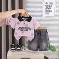 Boys Dusty Pink Typography Printed Polo T-Shirt with Denim Shorts Sets 2 pc. Sets Pink 1-2 Y