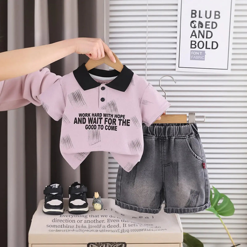 Boys Dusty Pink Typography Printed Polo T-Shirt with Denim Shorts Sets 2 pc. Sets Pink 1-2 Y