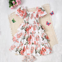 Girls White Floral Printed Puff Sleeves Dress Casual Dresses