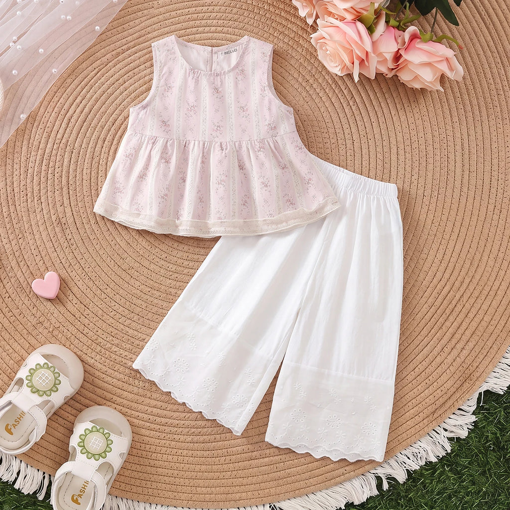 Girls Light Pink Floral Print Peplum Top With Pants Sets 2 pc. Sets Light Pink 1-2 Y