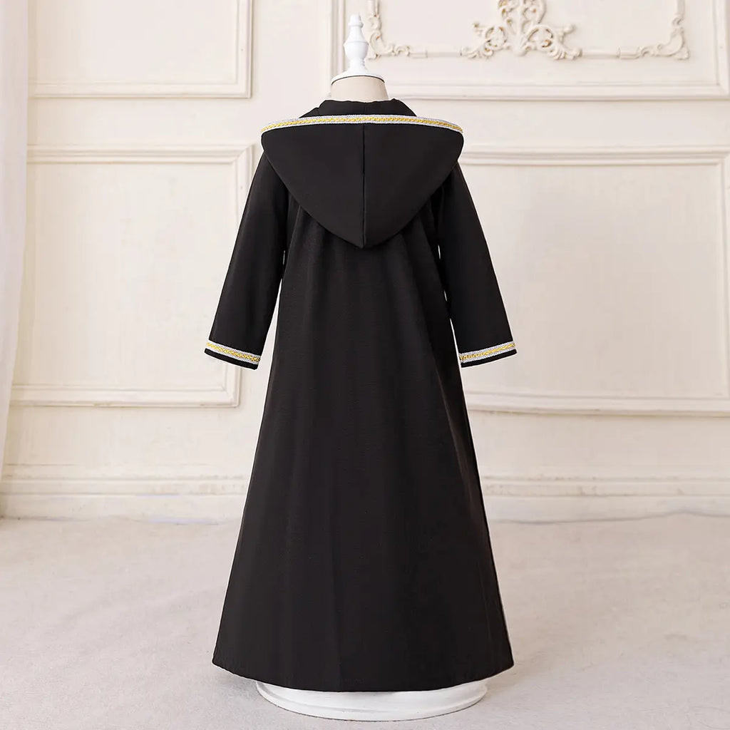 Girls Black Hooded Abaya Dress With Long Sleeves Casual Dresses