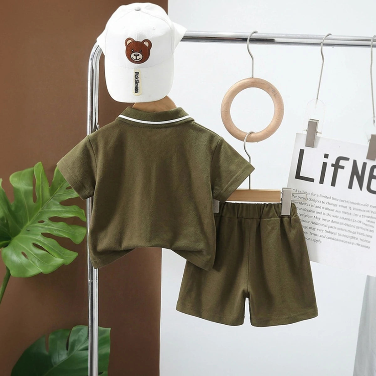 Boys Olive Green Typographic Printed Short Sleeve Polo T-Shirt With Elasticated Shorts Sets 2 pc. Sets
