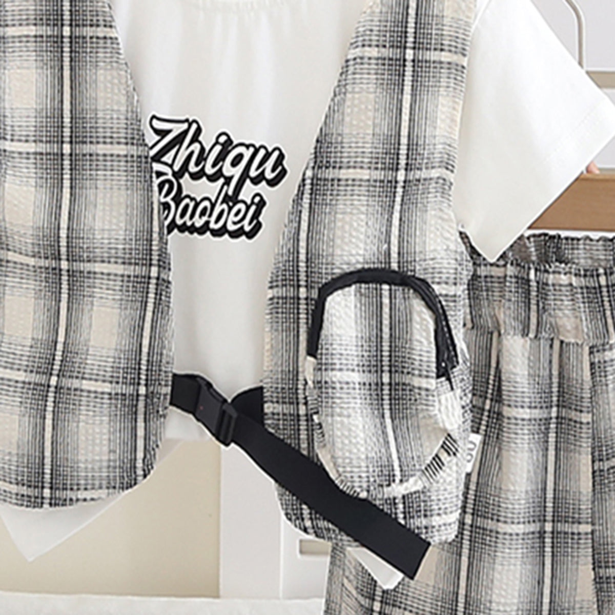 Boys Grey Checked Mock Waistcoat T-Shirt With Shorts Set 2 pc. Sets