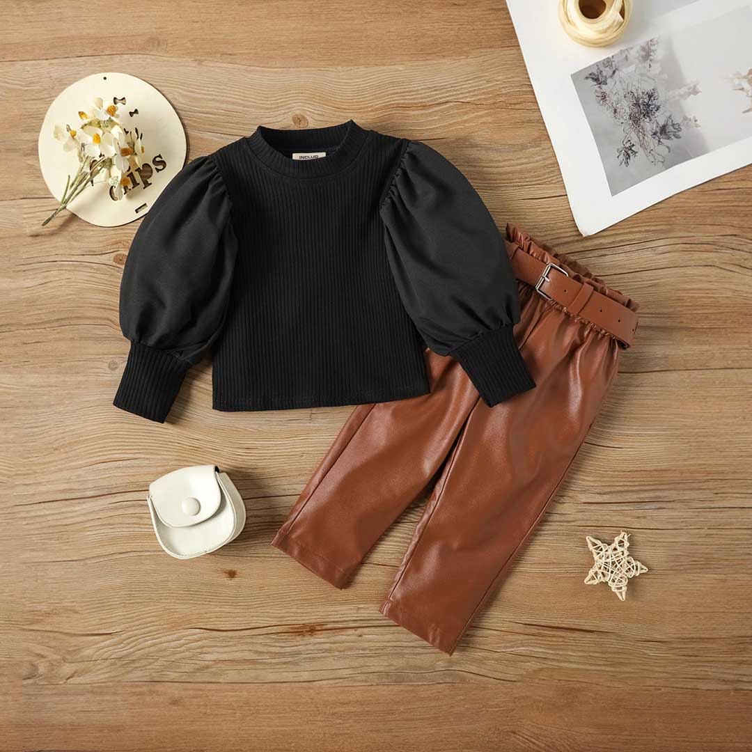 Girls Long Sleeve Top With PU Leather Pants Set 2 pc. Sets Black 1-2 Y 