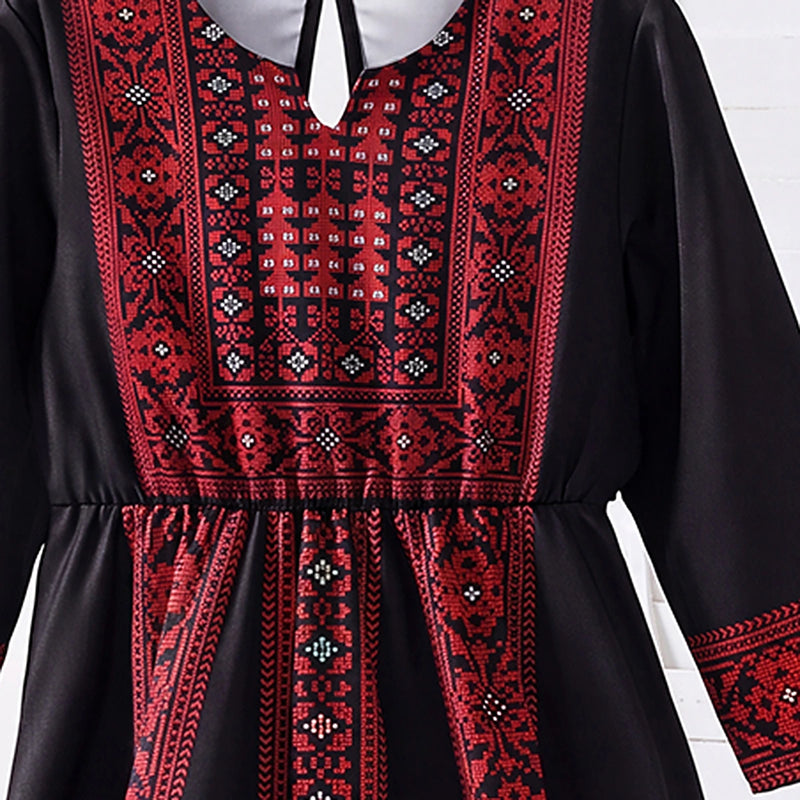 Girls Black Geometric Print Round Neck Fit & Flare Dress Casual Dresses
