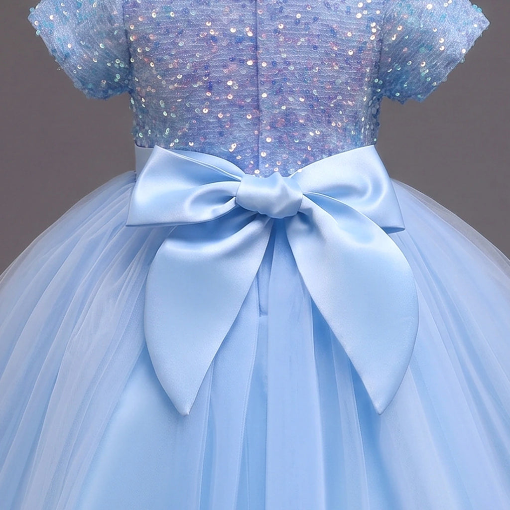 Girls Sky Blue Puff Sleeve Sequins Embellished Fit & Flare Party Wear Dress Party Dresses