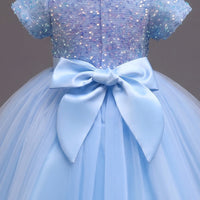 Girls Sky Blue Puff Sleeve Sequins Embellished Fit & Flare Party Wear Dress Party Dresses