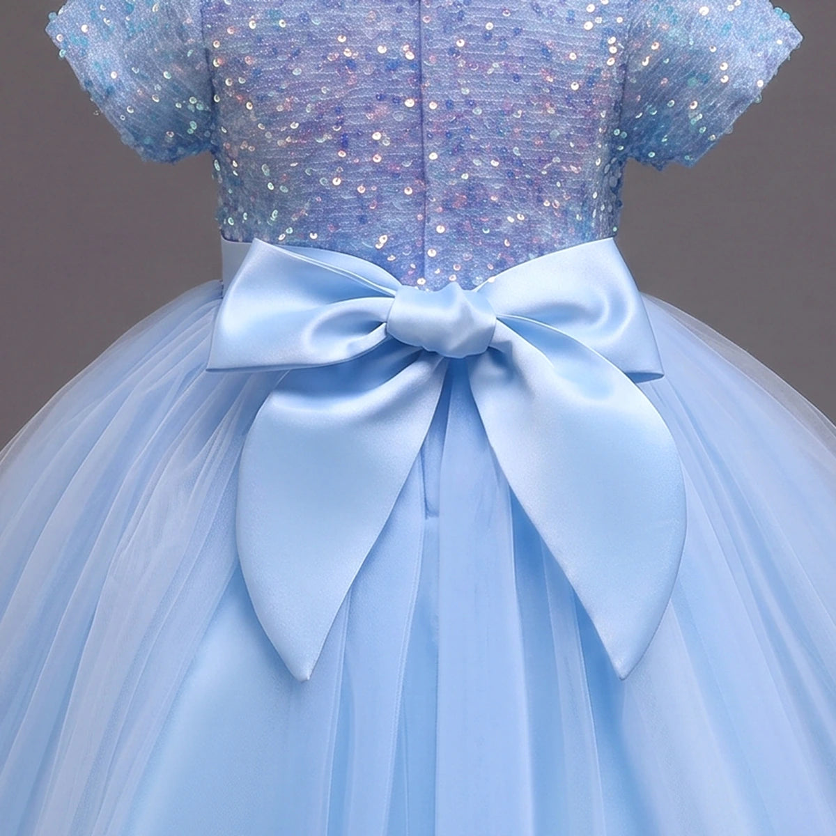 Girls Sky Blue Puff Sleeve Sequins Embellished Fit & Flare Party Wear Dress Party Dresses