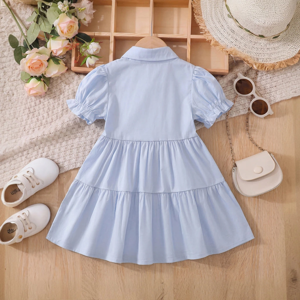 Girls Light Blue Puff Sleeve Tiered Dress Casual Dresses