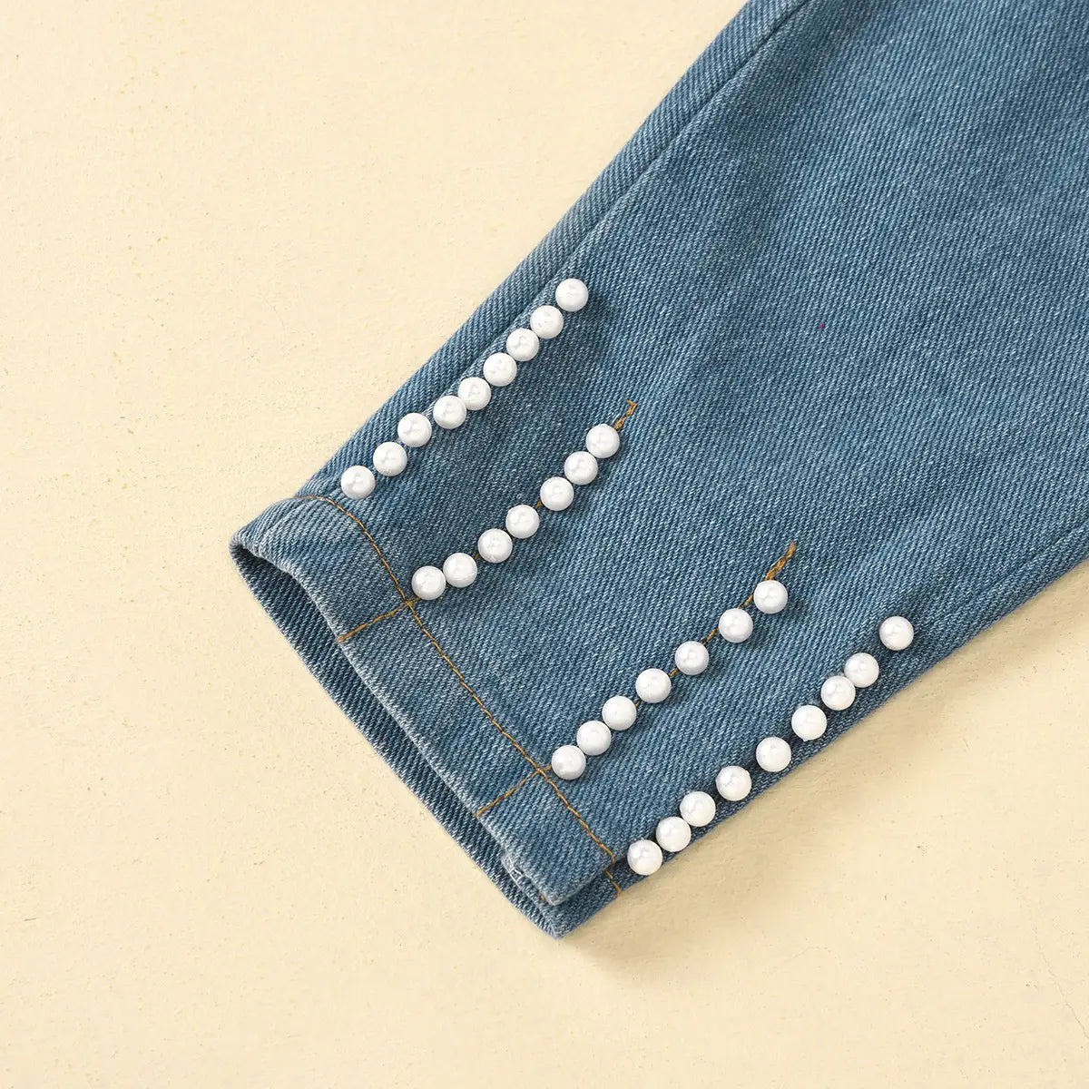 Girls Peach Puff Sleeves Top & Denim Pants With Pearl Embellishments Sets Sets