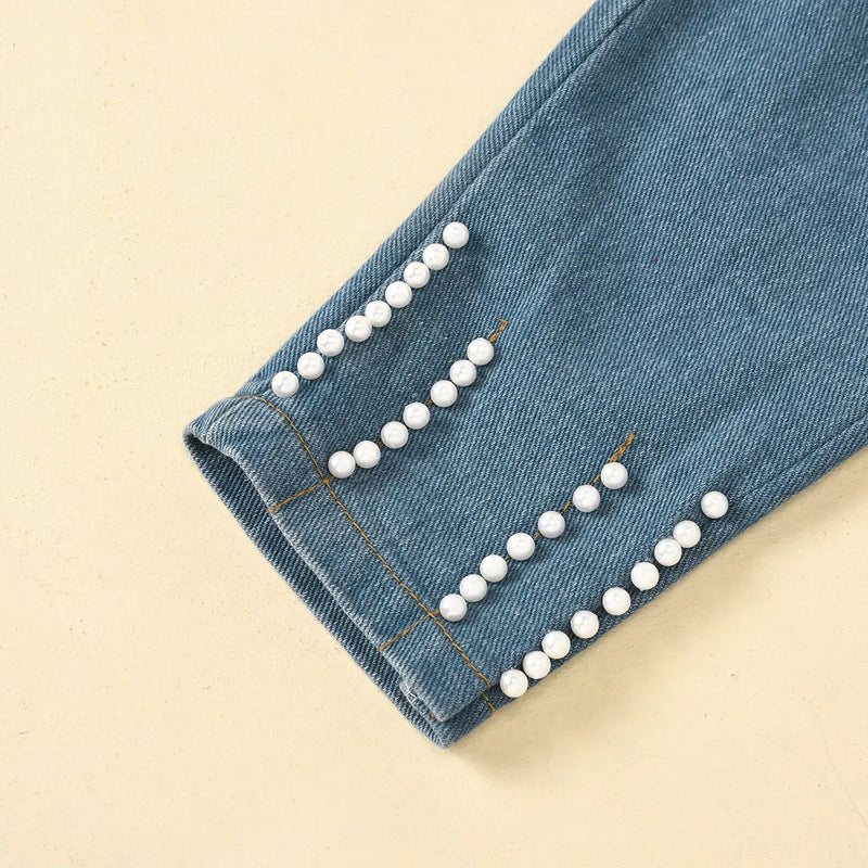 Girls Peach Puff Sleeves Top & Denim Pants With Pearl Embellishments Sets Sets