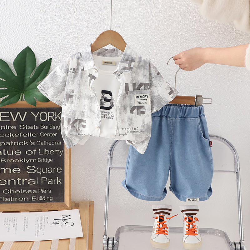 Boys Grey Short Sleeves Printed Shirt With T-Shirt And Denim Shorts Set 3 pc. Sets Grey 1-2 Y
