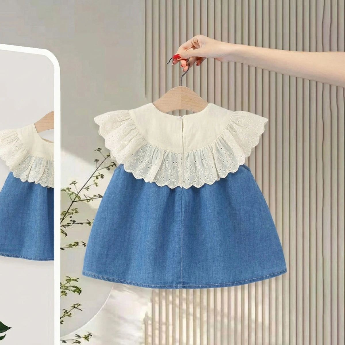 Girls Blue Eyelet Lace A-Line Dress with Ruffle Collar Casual Dresses
