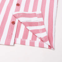 Boys Pink Striped Short Sleeve Shirt With Graphic T-Shirt And Drawstring Shorts Sets Sets