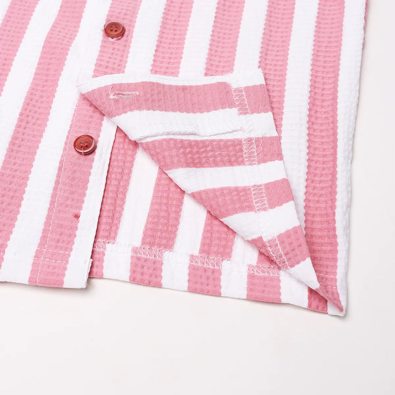 Boys Pink Striped Short Sleeve Shirt With Graphic T-Shirt And Drawstring Shorts Sets Sets