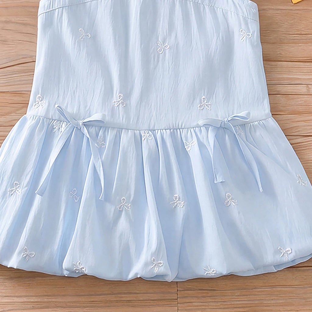 Girls Light Blue Bow Print Sleeveless Balloon Dress Casual Dresses