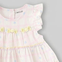 Girls Light Pink Checked Tiered Dress With Bow Details Casual Dresses