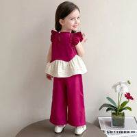 Girls Magenta Flower Applique Peplum Top With Pant Sets Sets