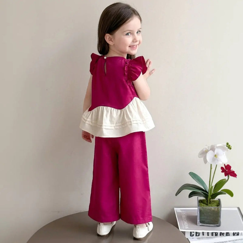 Girls Magenta Flower Applique Peplum Top With Pant Sets Sets