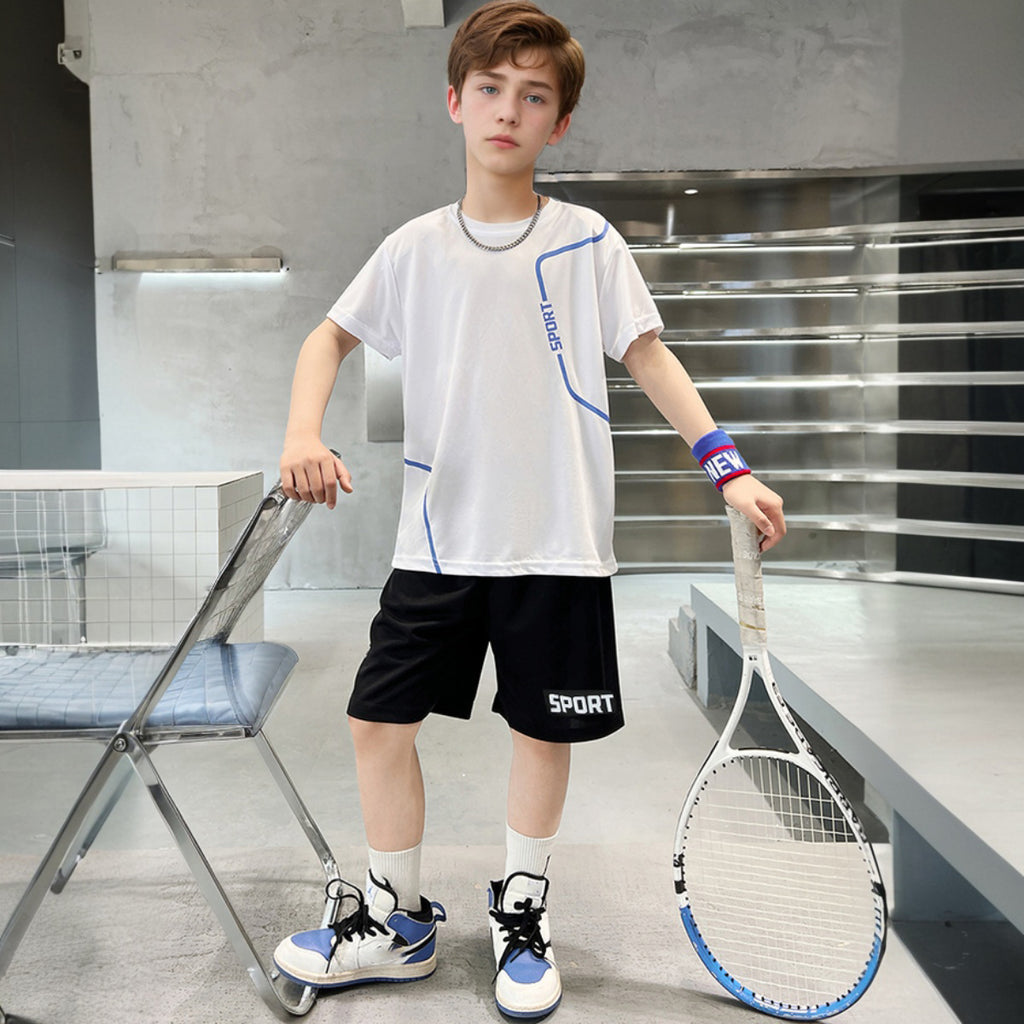Boys White Typographic Sports Printed Summer T-Shirt With Shorts Set 2 pc. Sets